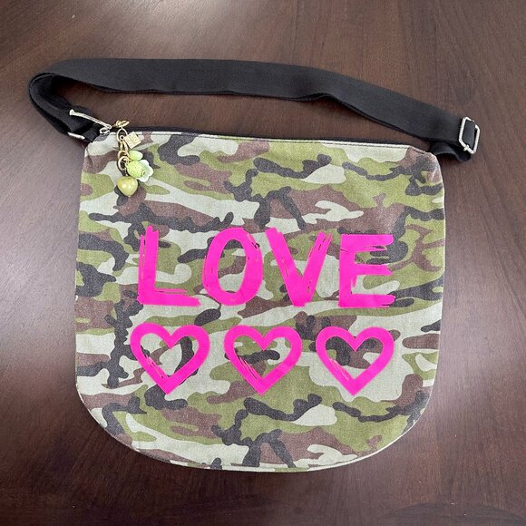 Camo “LOVE” Canvas Shoulder Bag w/ Charms – 100% Cotton - Picture 1 of 5